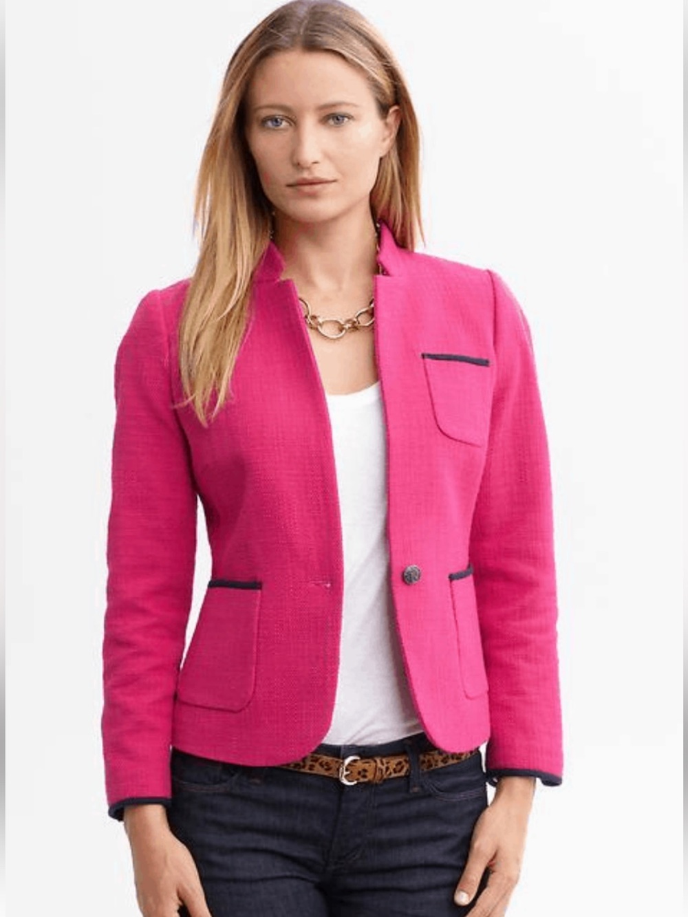 Banana Republic Hot Pink Textured Blazer Navy Trim Size 6
